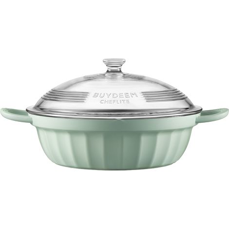 Batería de cocina BUYDEEM de aluminio esmaltado con tapa de vidrio y función de vapor, 3,8 L, modelo CP181, color verde acogedor (1/2)