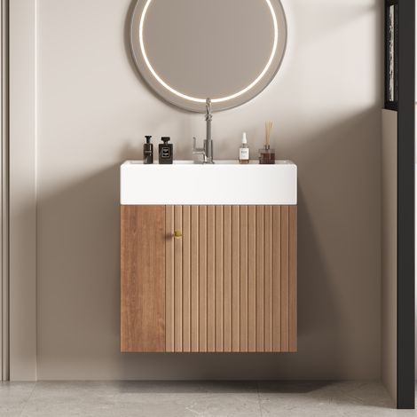 Modernluxe - Meuble de salle de bain suspendu avec vasque carreé - 4 compartimrnts - Marron(robinet non inclus) (1/5)