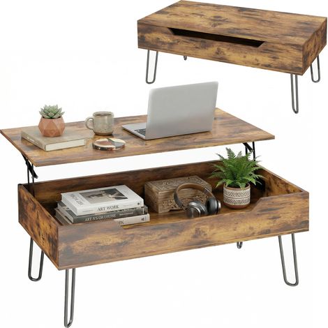 Rechteckiger Couchtisch aus Holz mit großem, verstecktem Staufach, höhenverstellbar, 95 x 50 x 40 cm, rustikal braun