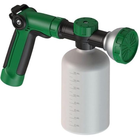Gartenschlauch-Sprühgerät mit Seifenspender – Gartensprenger-Wasserpistole – Pflanzenbewässerung – Integrierter Seifenspender – 500 ml – Grau