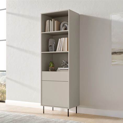 Biblioteca Pioraco, Estantería un Cajón, 3 Estantes, con Patas Metálicas, 60x39x184h cm Beige (1/4)