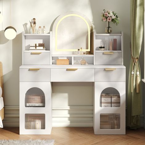 Tocador LED 120x40x139,5 cm – Mesa de maquillaje blanca con 3 cajones, 2 puertas de vidrio y estantes para dormitorio (1/5)