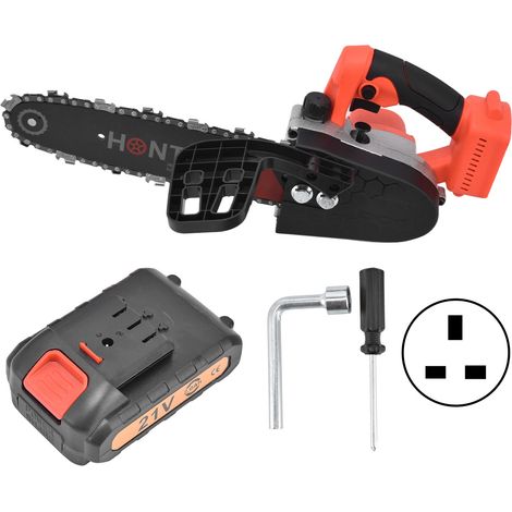 Miniatur-Elektrokettensäge mit 21 V Akku und bürstenlosem Motor, 25 cm (10 Zoll), zum Schneiden und Beschneiden von Holz (100-240 V, UK-Stecker). (1/5)