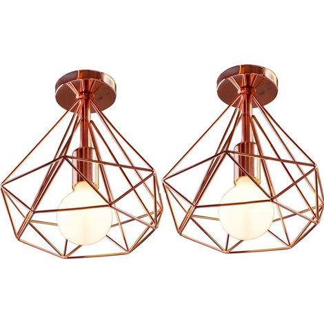 2PCS Lampe De Plafond Rétro Vintage En Forme De Diamant 25CM (Or Rose) Plafonnier Industriel En Métal Et Fer E27 Pour Restaurant Et Café (1/5)