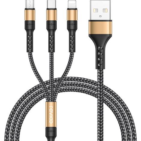 3-in-1-Universalkabel [1,3 m] Multi-USB-Nylon-Ladekabel mit Micro-USB-Typ-C-Lightning-Kabel für iPhone, Samsung Galaxy, Huawei, Honor. (1/5)