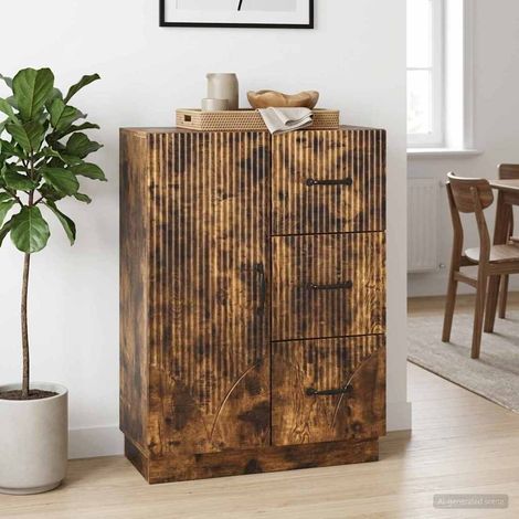 Buffet 3 tiroirs avec porte, bois d'ingénierie, chêne fumé, 66 x 34,5 x 87 cm - PANGIVO (1/5)
