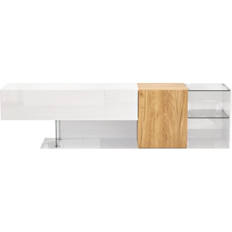 ELVMI Mobile TV con 2 Ante e 1 Vano Aperto, Ripiani in Vetro, per Soggiorno, in Truciolare, 180 × 38 × 48 cm, Bianco e Naturale (1/4)