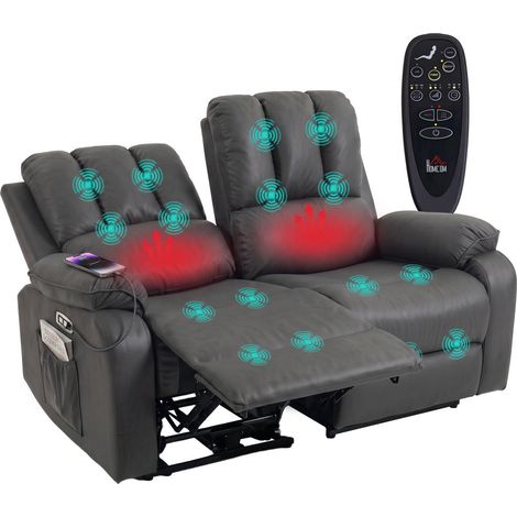 Canapé relax électrique 2 places, inclinaison 135° massant et chauffant, tissu effet cuir gris foncé pour salon (1/5)