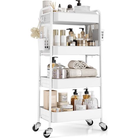 Chariot de Rangement à 4 Niveaux sur Roulettes, Blanc Panneaux perforés à faire soi-même, bacs suspendus, crochets, salon, cuisine, salle de bain, bureau, salle de classe (1/5)