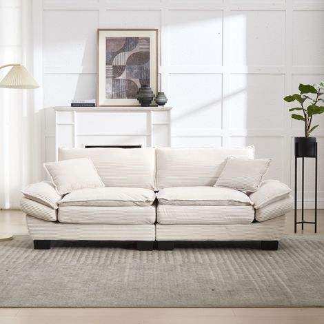 Neche – Canapé 3 places moderne en velours côtelé beige – Accoudoirs rembourrés – Assise ultra-profonde – Pieds en bois robuste – 224x81x81cm