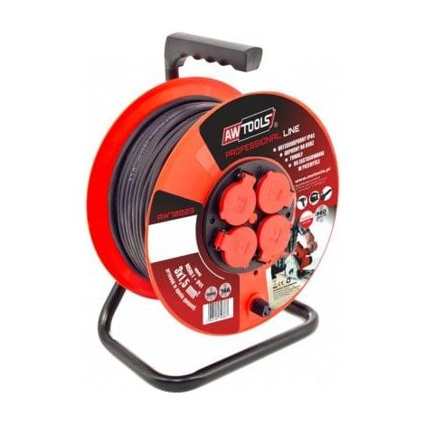 Alargador con enrollador profesional IP44, Awtools, modelo 25m 3x2,5mm 16A 3680W, ideal para exteriores, resistente al agua y polvo, potente, duradero y seguro para herramientas eléctricas