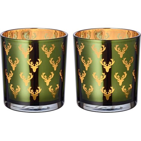 Lot de 2 photophores pour bougie chauffe-plat Ted en verre motif cerf vert et doré Ø 7 cm H 8 cm - PANGIVO (1/5)
