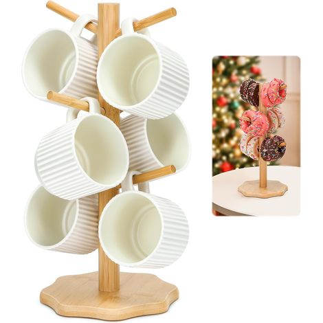 Porte-Gobelet à Café avec 6 Crochets, Arbre Porte-Gobelet, Porte-Tasses Bois Arbre Tasse à Café avec Base Épaissie, Support de Tasse Mug (1/5)