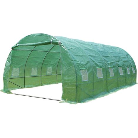 Vounot – Serre tunnel 18m² en acier galvanisé vert – bâche polyéthylène 140g/m² anti-UV – 6 fenêtres latérales – porte enroulable – 2 barres anti-tempête