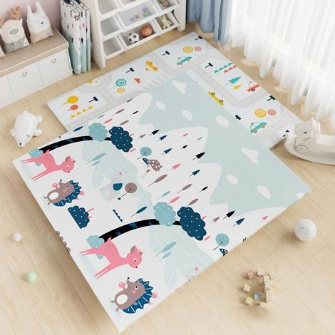 Tapis de Jeu Bébé Réversible 200x180cm, Tapis d'éveil Enfant Pliable Imperméable Double Face, Matériau XPE, Parc de Rêves+Circuit (1/4)
