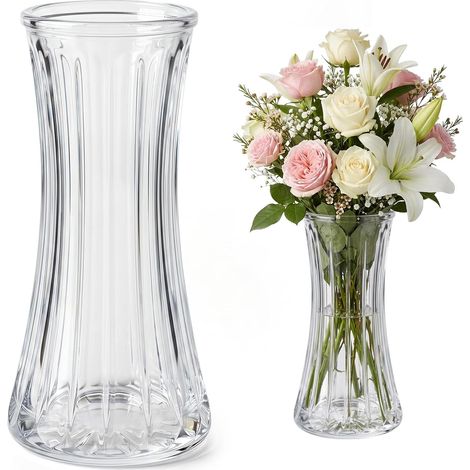 Vase en Verre Transparent 20 cm, Vase pour Fleurs Fraîches et Séchées, Décoration de Table pour Salon, Salle à Manger, Bureau, Idéal pour Tulipes, Roses, Herbe de la Pampa, Branches (1/5)