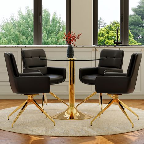 Mesa redonda 85 cm vidrio templado con 4 sillas giratorias 360°, negro y dorado OKMYHOME (1/5)