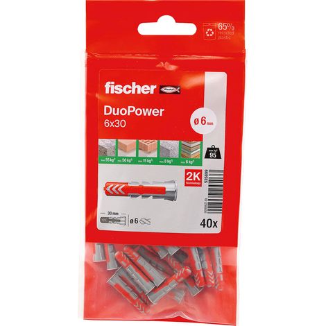 Fischer – Lot de 40 chevilles bi-matière DUOPOWER Ø6 x 30 mm – Pour béton armé et supports variés – Ergot anti-rotation – Collerette étroite (1/5)