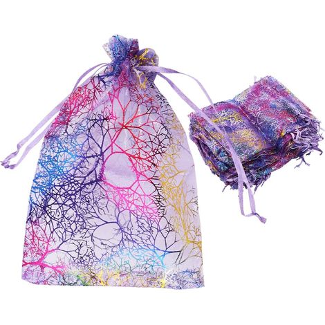 Lot de 100 pochettes en organza avec cordon de serrage Motif corail Violet 13 x 18 cm (1/5)
