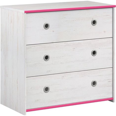 Commode 3 tiroirs aspect bois blanchi avec chants roses en façade - MISYLIA (1/5)
