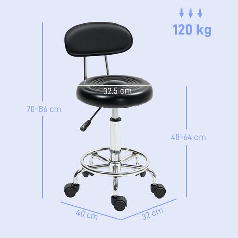Tabouret pivotant et réglable à 360 degrés avec dossier, roulettes et repose-pieds, en acier avec revêtement en similicuir et mousse, noir. (1/5)