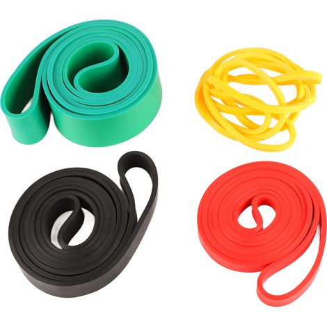 Set mit 4 elastischen Widerstandsbändern für Fitnessübungen, für Männer und Frauen, in verschiedenen Farben. (1/4)