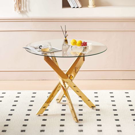 Tavolo da pranzo rotondo 80x80x75 cm dorato in vetro e metallo con struttura stabile e montaggio facile (1/5)