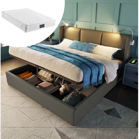 MEUBLIV Lit double rembourré avec coffre de rangement tête de lit avec lampe de lecture et charge USB 160 x 200 cm gris similicuir sommier à lattes inclus (1/5)
