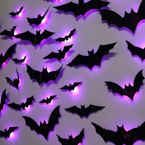 16 pièces chauve-souris Halloween LED violettes, décoration 3D pour fenêtre, accessoire festif intérieur/extérieur