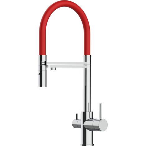 Rubinetto 3 vie miscelatore cucina cromato con canale separato per acqua filtrata, canna rossa movibile e doccia due getti staccabile (1/5)