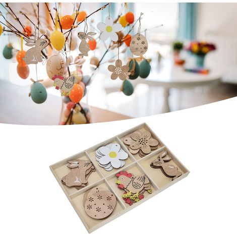 Décorations de Pâques en bois, lapins et œufs, objets de décoration en bois pour la maison, ensemble de grille à six carrés (1/5)
