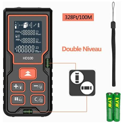 Télémètre laser numérique, portée de 100 m, écran LCD rétroéclairé, 2 niveaux de bulles, mesure de distance et de volume, calcul du théorème de Pythagore (1/5)