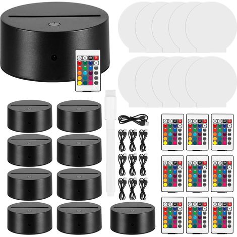 Base de lumière LED 3D, 10pcs support de base de lampe LED avec 10 panneaux en acrylique transparent, câble USB pour écran tactile LED (Type de feuille acrylique ronde) (1/5)