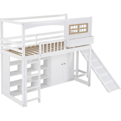 GagaGagaLit superposé enfant 90x200 blanc avec toboggan et armoire (1/5)