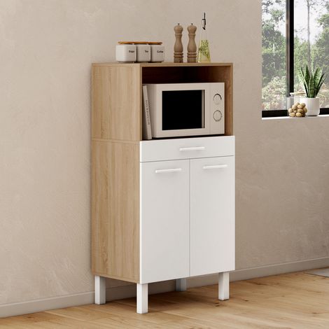 CINA Cómoda de cocina de 60 cm de altura media para microondas 1 cajón 2 puertas acabado haya y blanco