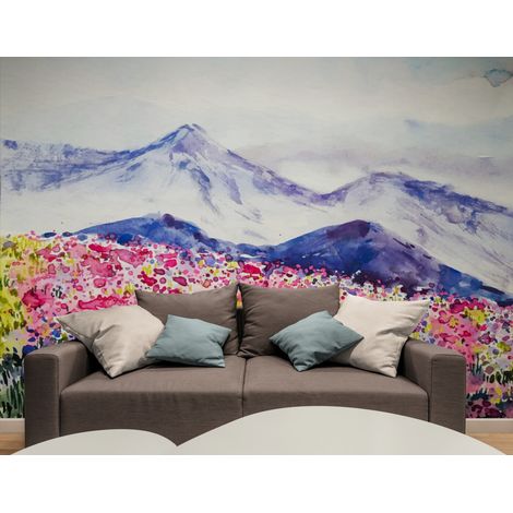 Papier Peint Montagne - Paysage Fleuri en Aquarelle - 150 x 250 cm (1/2)