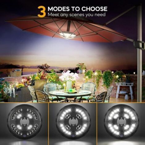 Lampe parasol, 28 LED, 3 modes d'éclairage rechargeable, lampe de secours pour les pannes de courant, idéale pour le camping, la terrasse, la plage, le jardin et la piscine.