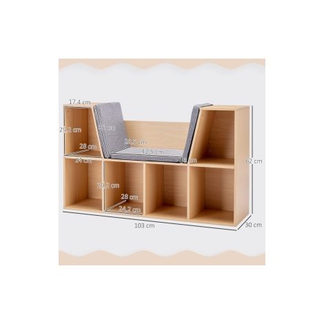 Bibliothèque enfant grise et naturelle avec 6 compartiments, banc coffre et 3 coussins pour chambre, salle de jeux et crèche (1/5)