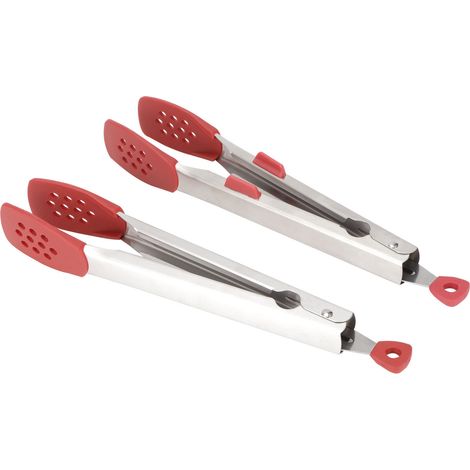 Lot de 2 pinces à aliments en acier inoxydable, pinces à steak, pochoirs en silicone pour salade et barbecue, outil de cuisine rouge (1/5)