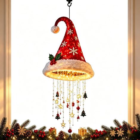 Suspension Décorative de Noël avec LED, Bonnet de Père Noël et Étoiles Festives, Ornement à Suspendre pour Fenêtre, Porte et Intérieur (1/5)