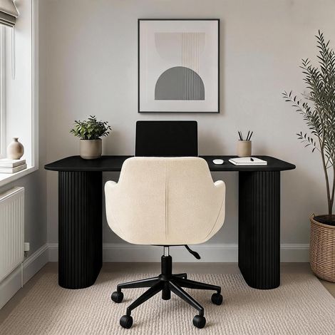 Monroe Black Desk & Lumera Chenille Fabric Ivory Office Chair Set (1/5)