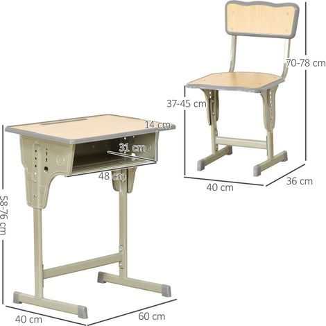 Ensemble table et chaise d'école pour enfants de 6 à 12 ans, table enfant réglable en hauteur avec compartiment de rangement et porte-stylo, en acier et MDF, aspect bois. (1/5)