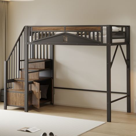 Letto a soppalco 90x200 cm nero in metallo e legno con scala contenitore e barriera di sicurezza (1/5)