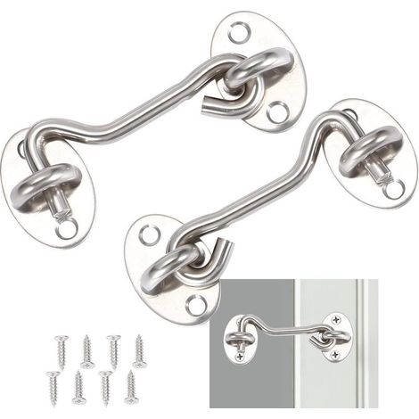 Crochet Cabine 2 Pièces,Crochet Fermeture Porte,Serrure à Crochet de Porte en Acier Inoxydable Argent,Avec Vis de Montage,Pour Fenêtre,Porte de Grange,Porte de Hangar,Porte de Garage,Argent (7,5cm) GR (1/5)