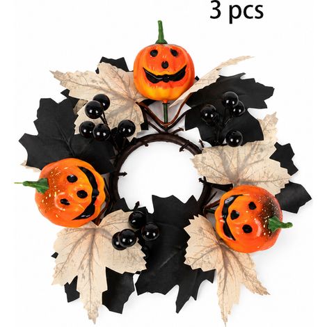 (3x Couronne Decorative Citrouille, Durchmesser 26 cm, Anneau pour Bougie Halloween mit Feuilles d'Érable Artificielles, Couronne d'automne (1/5)