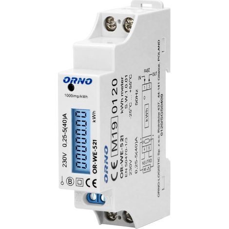 Compteur électrique monophasé 230V – Courant maximal 40A – Affichage LCD rétroéclairé – Conformité MID 2014/32/UE – Orno (1/5)