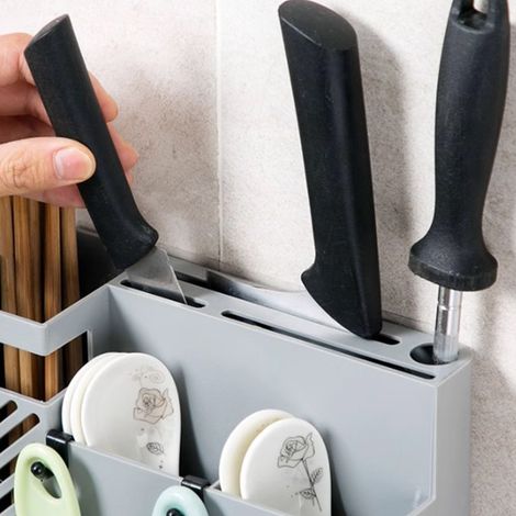 Support pour ustensiles de cuisine multifonction en plastique - Rangement mural sans perforation pour couteaux et baguettes avec rack secage (1/5)