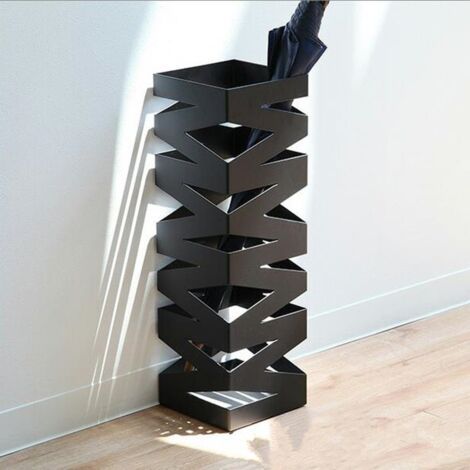 QORVA-Noir Porte parapluies en Métal, Carré , Support pour Parapluies, avec un Plateau et Crochets, 49 x 15,5 x 15,5 cm (1/3)