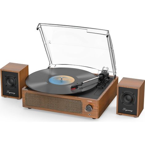 Platine Vinyle avec Haut-parleurs d'étagère passifs, Platine Bluetooth pour disques vinyles, 3 Vitesses, entrée auxiliaire sans Fil, Prise Casque et Fonction d'arrêt Automatique, Marron rétro (1/5)