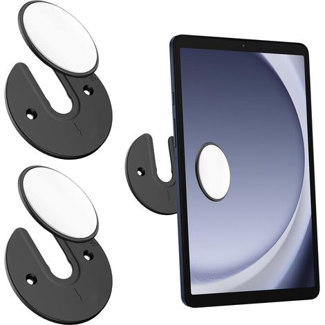 Support Mural Universel pour Tablette/Téléphone Lot de 2 Support Rond Réglable Rotatif à 90° avec Vis Adhésif pour Smartphone Compatible iPad Kindle WiFi TV Box Porte Tablette, Noir (1/5)